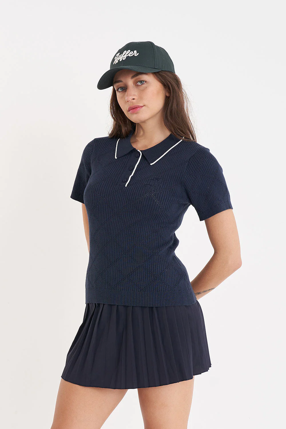 WOMENS DIAMOND KNIT POLO NAVY - Image 3