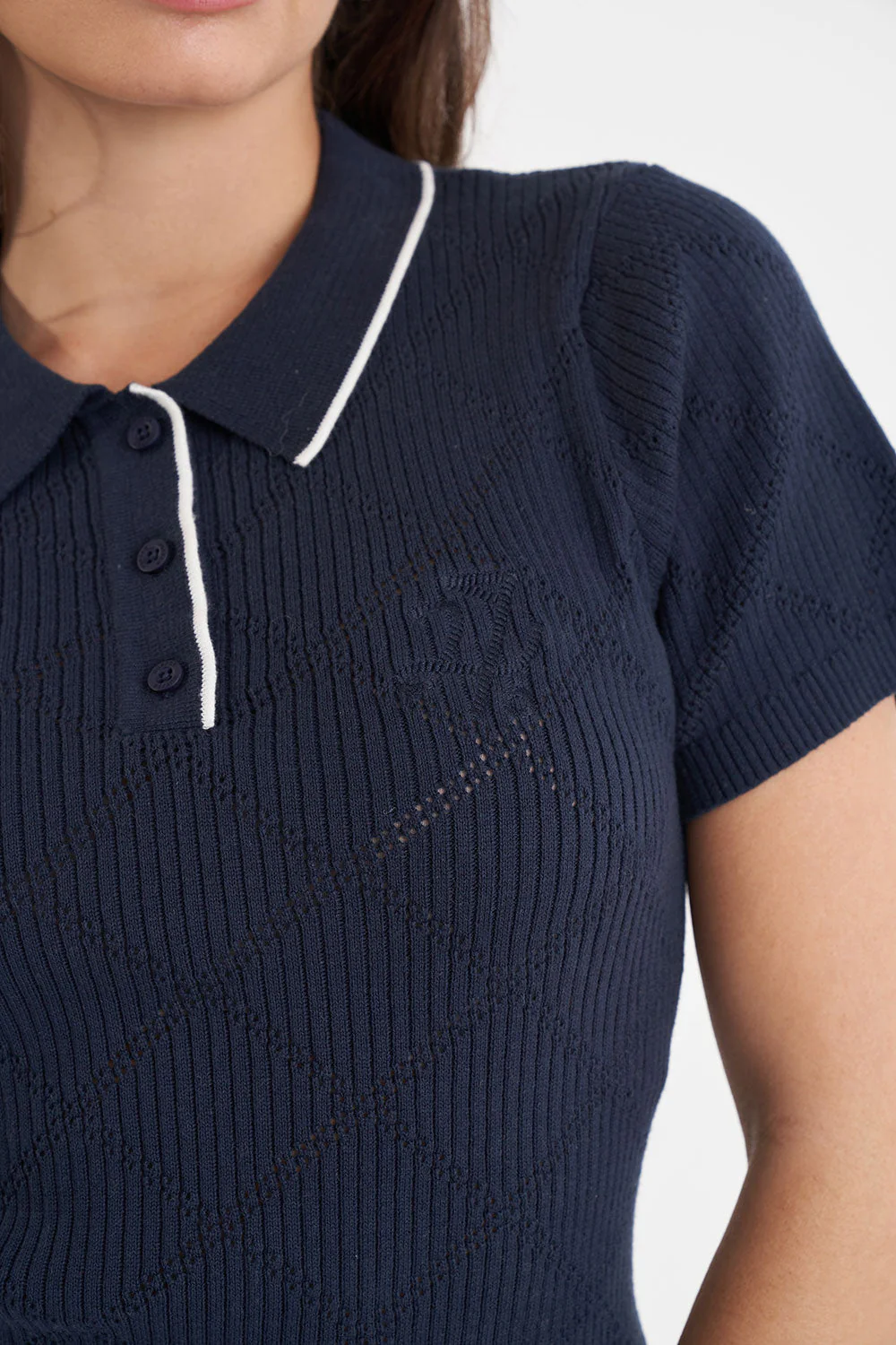WOMENS DIAMOND KNIT POLO NAVY - Image 4