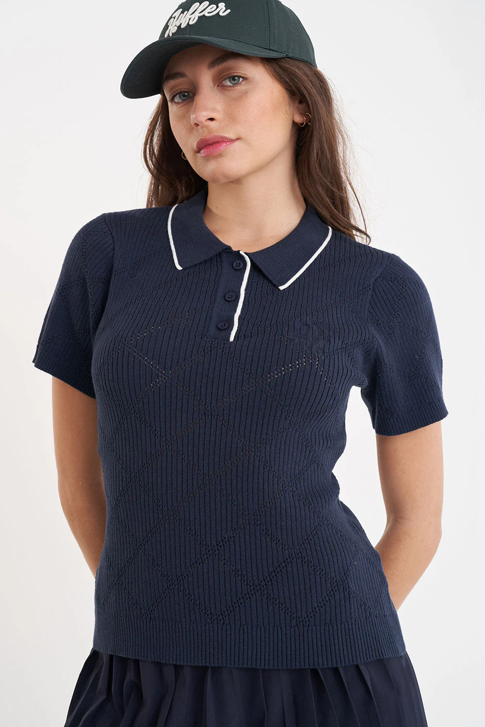 WOMENS DIAMOND KNIT POLO NAVY - Image 5
