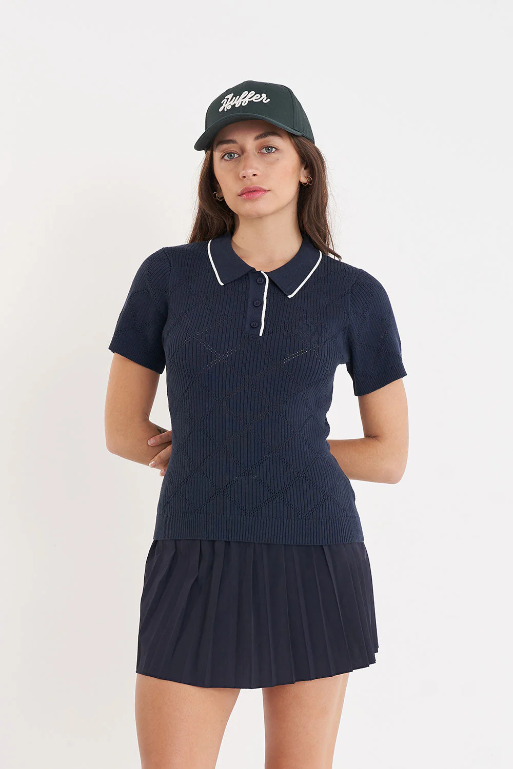 WOMENS DIAMOND KNIT POLO NAVY - Image 7